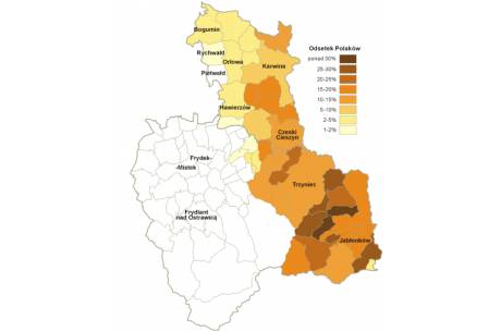 Odsetek Polaków w gminach (obec) okręgu Frydek-Mistek i Karwina. Dane na podstawie spisu powszechnego z 2011 r.; granice okręgów na 2011 r.; Autor: 	Aotearoa/Wikimedia commons