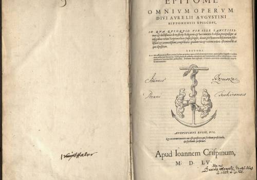 Wyklejka wydania streszczenia dzieł św. Augustyna wraz z notatkami rękopiśmiennymi oraz pieczęcią cieszyńskiej Biblioteki Dekanatu. Fot: KC