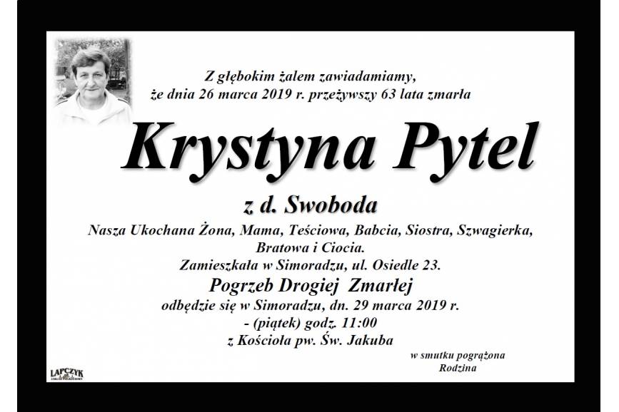 Zmarła Krystyna Pytel z d. Swoboda 
