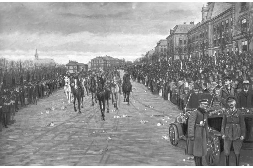26 lutego 1919 r.: Scena uroczystego wkroczenia wojsk polskich do Cieszyna po rozejmie z Czechosłowacją, która rozegrała się na placu koszarowym w Cieszynie, odmalowana przez artystę Jana Wałacha. Fot. ze zbiorów Narodowego Archiwum Cyfrowego.  